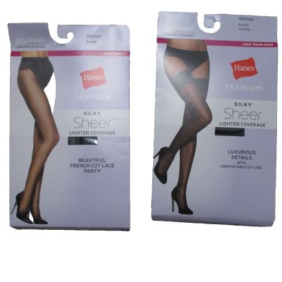 ???? 2 lot Hanes Premium Women's Silky Sheer Thigh Highs Black, M+ French Cut Lace